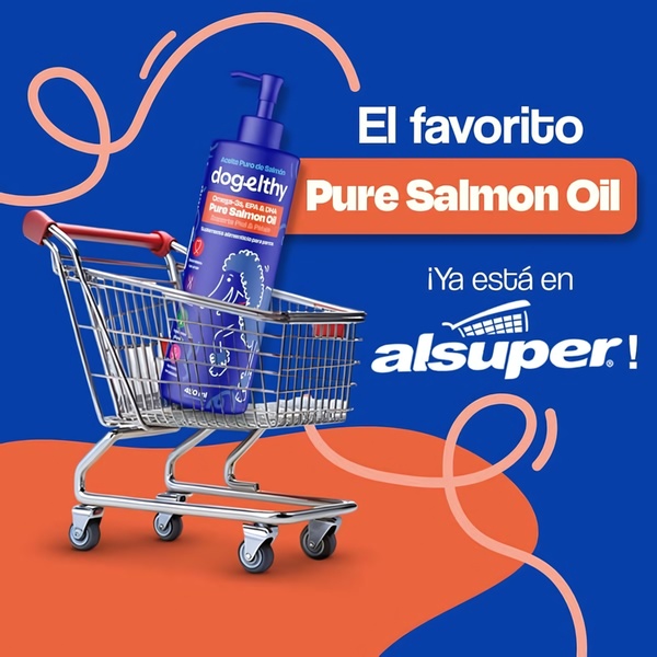 A high-contrast 1:1 graphic featuring a salmon oil bottle inside a shopping cart to announce new retail availability.